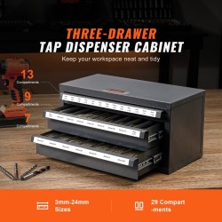 Kierretappikaappi kylmävalssattua terästä 3 laatikkoa 29 lokeroa 3–24 mm pinottava
