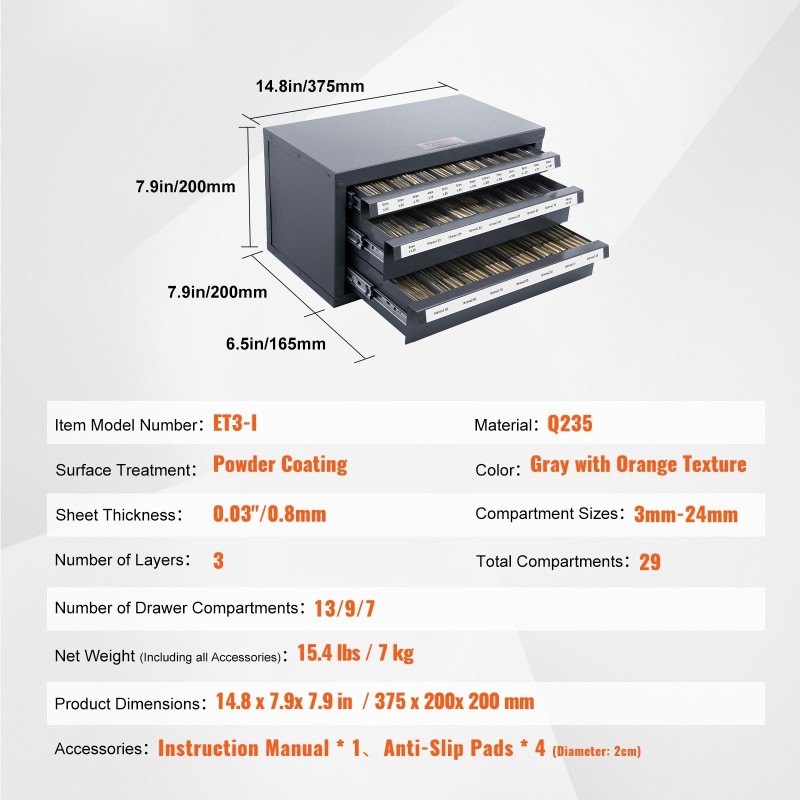 Kierretappikaappi kylmävalssattua terästä 3 laatikkoa 29 lokeroa 3–24 mm pinottava