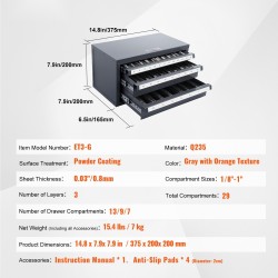 Päätyjyrsinten kolmilaatikkoinen teräskaappi 29 lokeroa 1/8–1 tuuman kokoluokalle