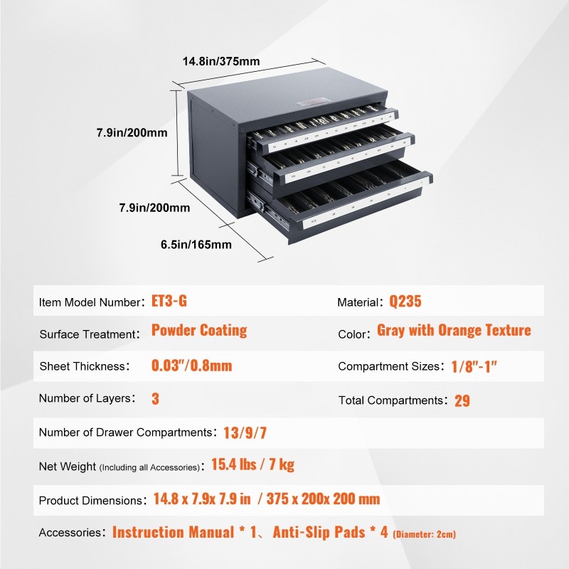 Päätyjyrsinten kolmilaatikkoinen teräskaappi 29 lokeroa 1/8–1 tuuman kokoluokalle