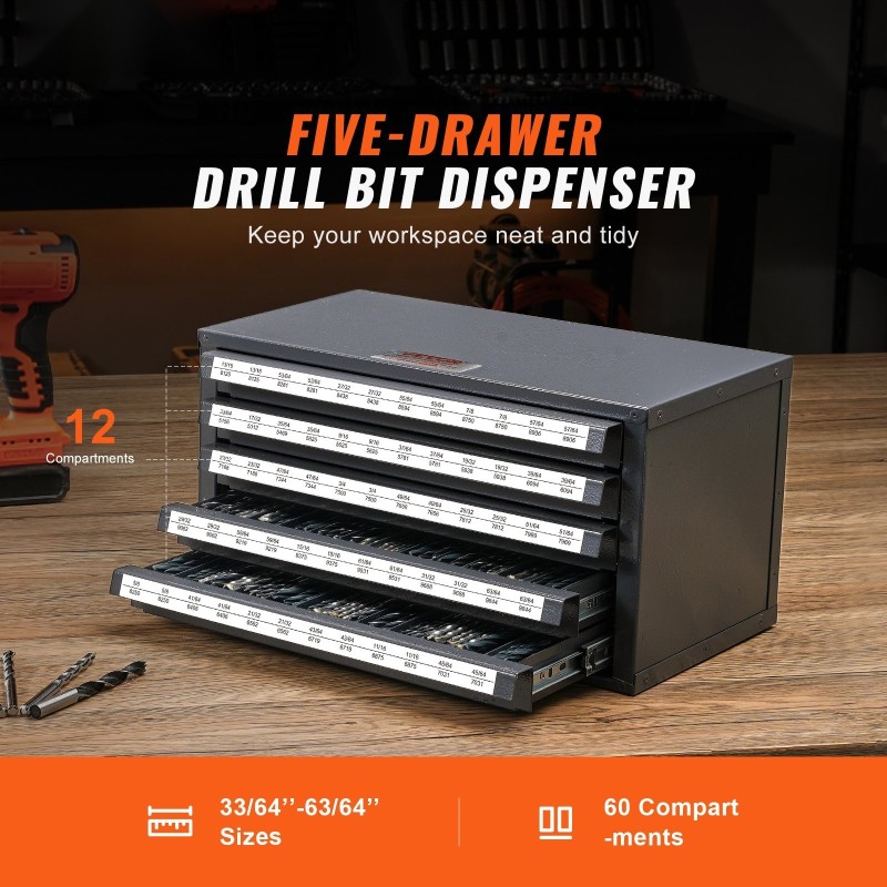 Poranteräkaappi pinoettava teräksinen 5 laatikkoa 60 lokeroa 13,1–25,4 mm