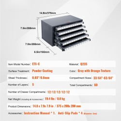 Poranteräkaappi pinoettava teräksinen 5 laatikkoa 60 lokeroa 13,1–25,4 mm