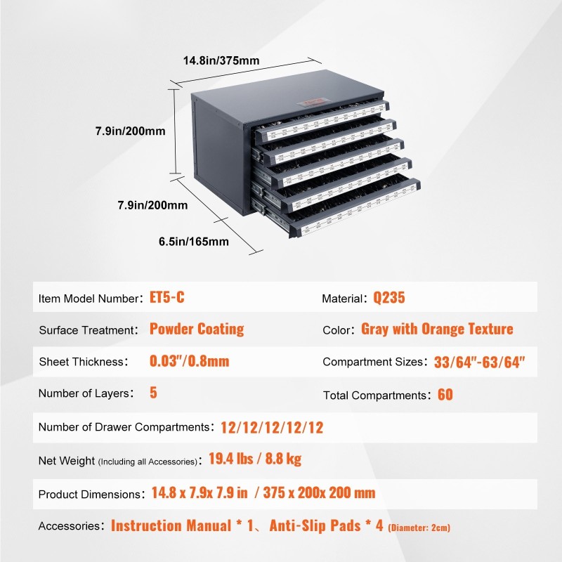 Poranteräkaappi pinoettava teräksinen 5 laatikkoa 60 lokeroa 13,1–25,4 mm