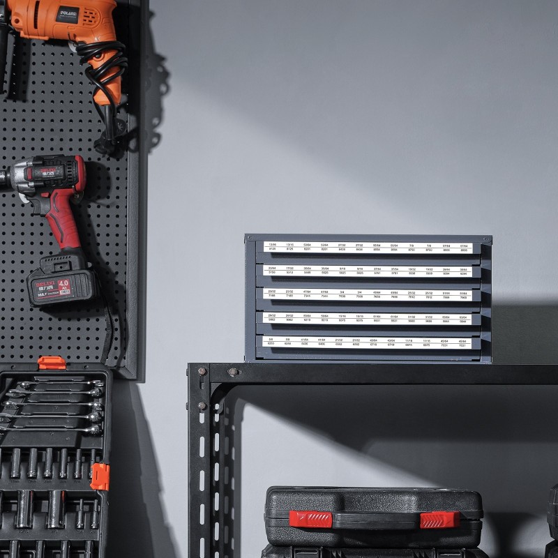 Poranteräkaappi pinoettava teräksinen 5 laatikkoa 60 lokeroa 13,1–25,4 mm