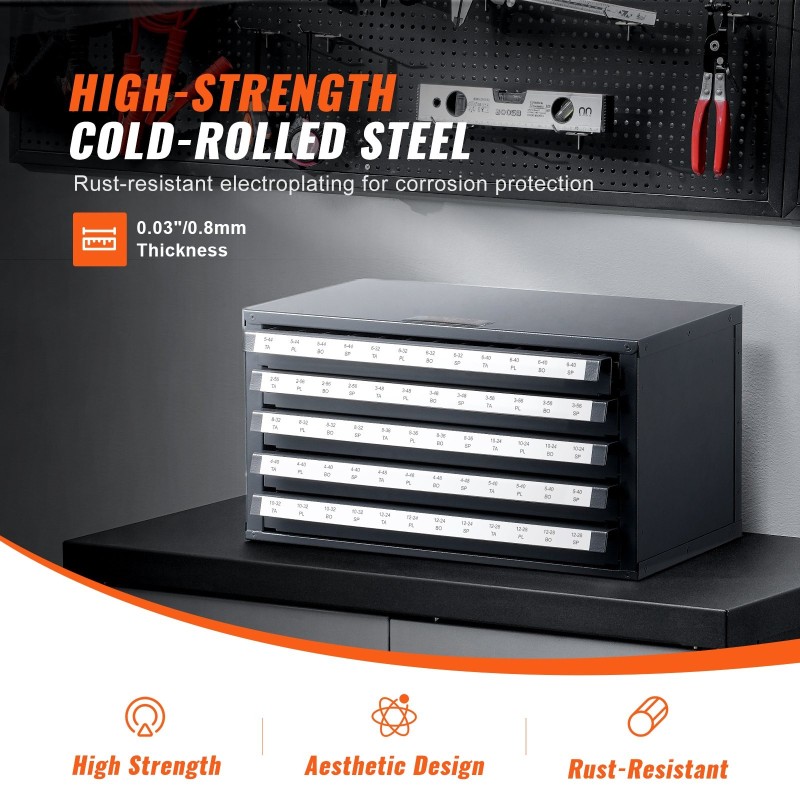 Kierteitystappikaappi teräs 0,8 mm 5 vetolaatikkoa 60 lokeroa kokoluokille 2-56–12-28
