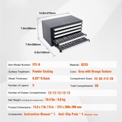 Kierteitystappikaappi teräs 0,8 mm 5 vetolaatikkoa 60 lokeroa kokoluokille 2-56–12-28