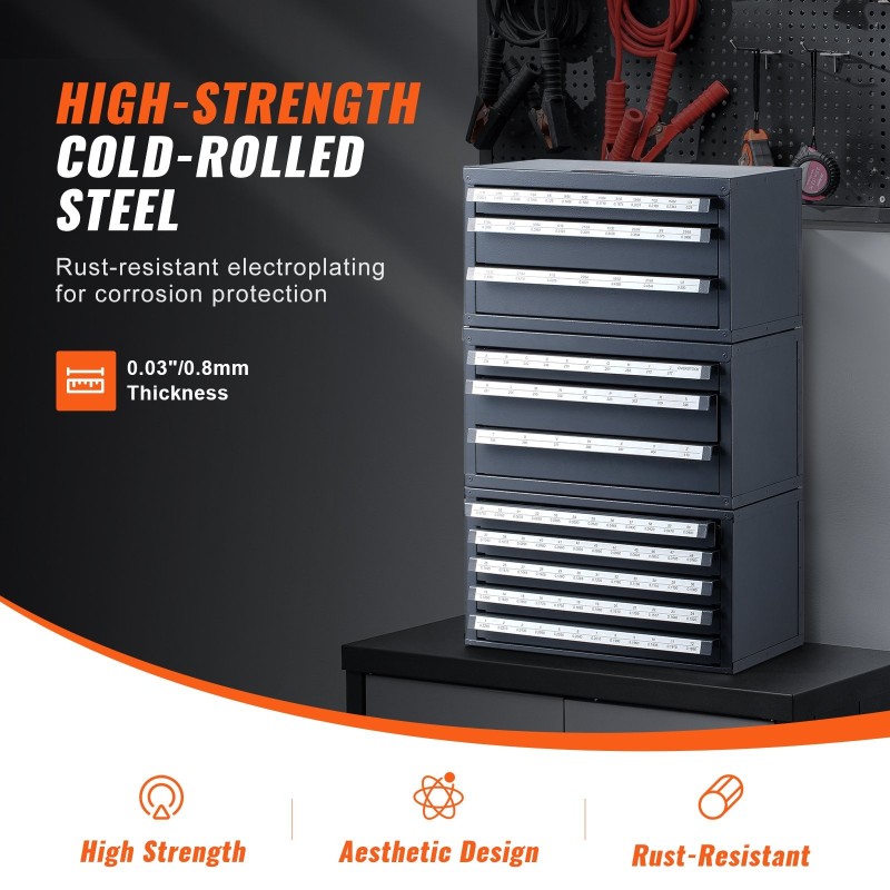 Poranterälokerikko teräs 0,8 mm 116 lokeroa koot 1/16–1/2 pinottava 3-kaappinen