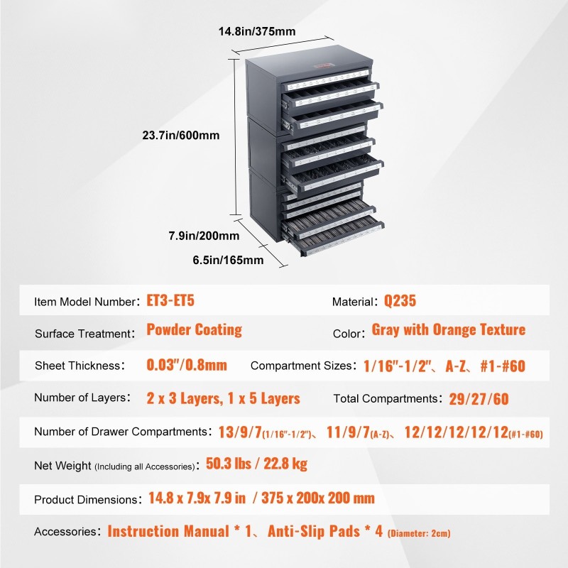Poranterälokerikko teräs 0,8 mm 116 lokeroa koot 1/16–1/2 pinottava 3-kaappinen