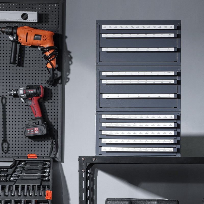 Poranterälokerikko teräs 0,8 mm 116 lokeroa koot 1/16–1/2 pinottava 3-kaappinen