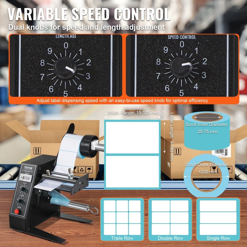 Automaattinen etiketinjakaja leveys 15–125 mm pituus 3–150 mm alumiiniseosakselit 24 voltin kuparikäämimoottori