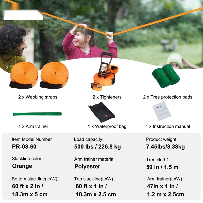 Tasapainoliinasetti 18,3 m kaksilinjainen oranssi puunsuojilla käsiharjoittimella ja kantolaukulla