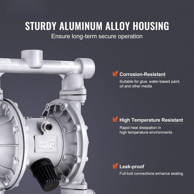 Ilmakäyttöinen kaksikalvopumppu alumiiniseosrunko PTFE-kalvot 1,5 tuuman liitännät kaksi ylimääräistä kalvoa