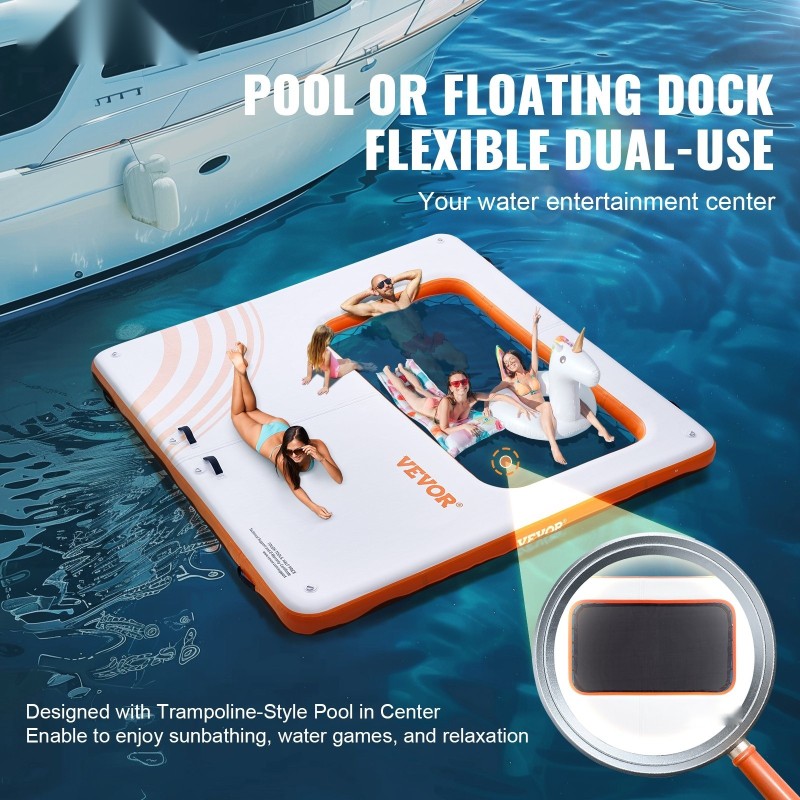 Täytettävä PVC-kelluva laituri 3,04 x 3,04 m trampoliiniverkolla ja irrotettavalla tikkaalla