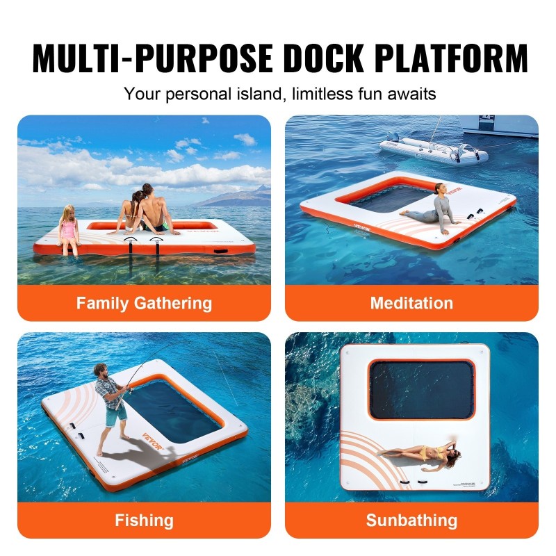 Täytettävä PVC-kelluva laituri 3,04 x 3,04 m trampoliiniverkolla ja irrotettavalla tikkaalla