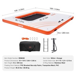 Täytettävä PVC-kelluva laituri 3,04 x 3,04 m trampoliiniverkolla ja irrotettavalla tikkaalla