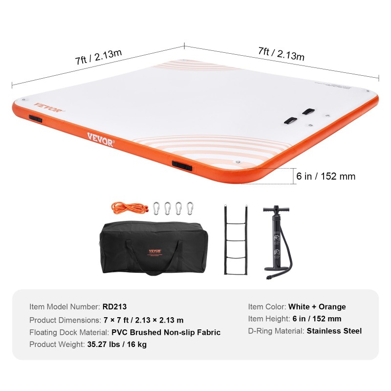 Ilmatäytteinen kelluva laiturialusta PVC-liukumattomalla pinnalla 2,13 x 2,13 m irrotettavalla tikkaalla