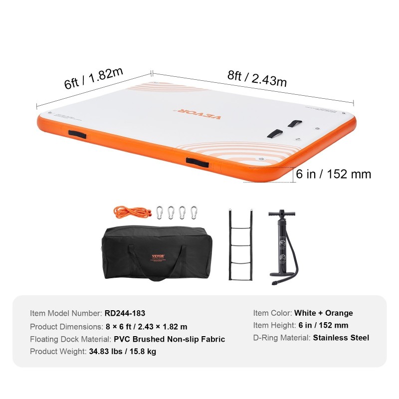 Ilmatäytteinen PVC-harjattu liukumaton kelluva laituri 2,43×1,82 m irrotettavalla tikkaalla kantolaukulla