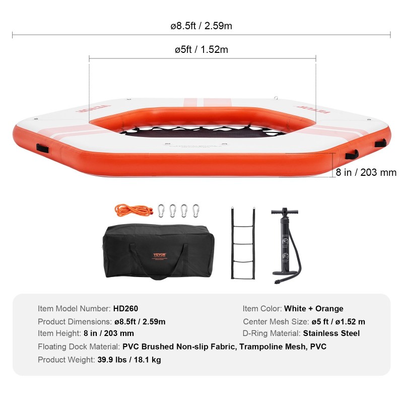 Ilmatäytteinen pyöreä lautta harjatusta PVC kankaasta halkaisija 2,59 m trampoliiniverkolla
