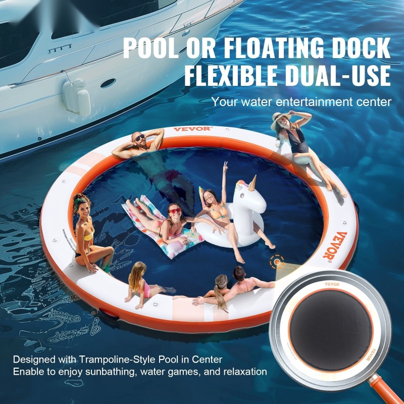 Ilmatäytteinen kelluva laituri PVC-harjattu luistamaton 3,04 m trampoliiniverkolla 2,43 m irrotettava tikas