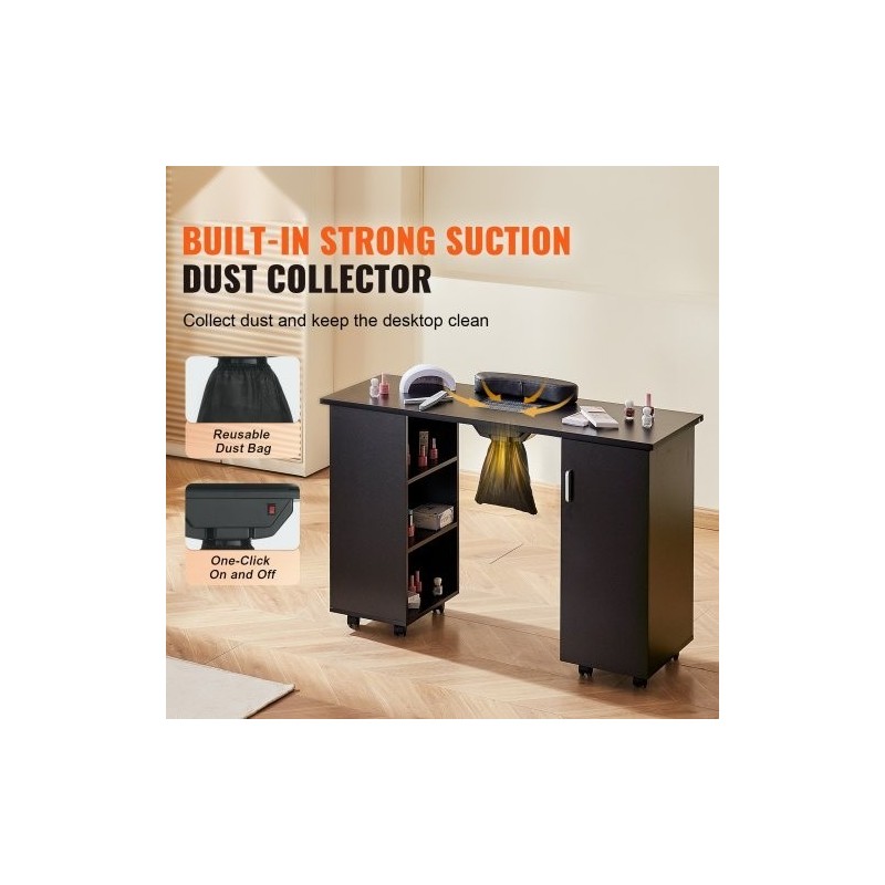 Manikyyripöytä MDF musta 1200x450x805 mm sähköisellä pölynkerääjällä 8 pyörää joista 4 lukittavaa