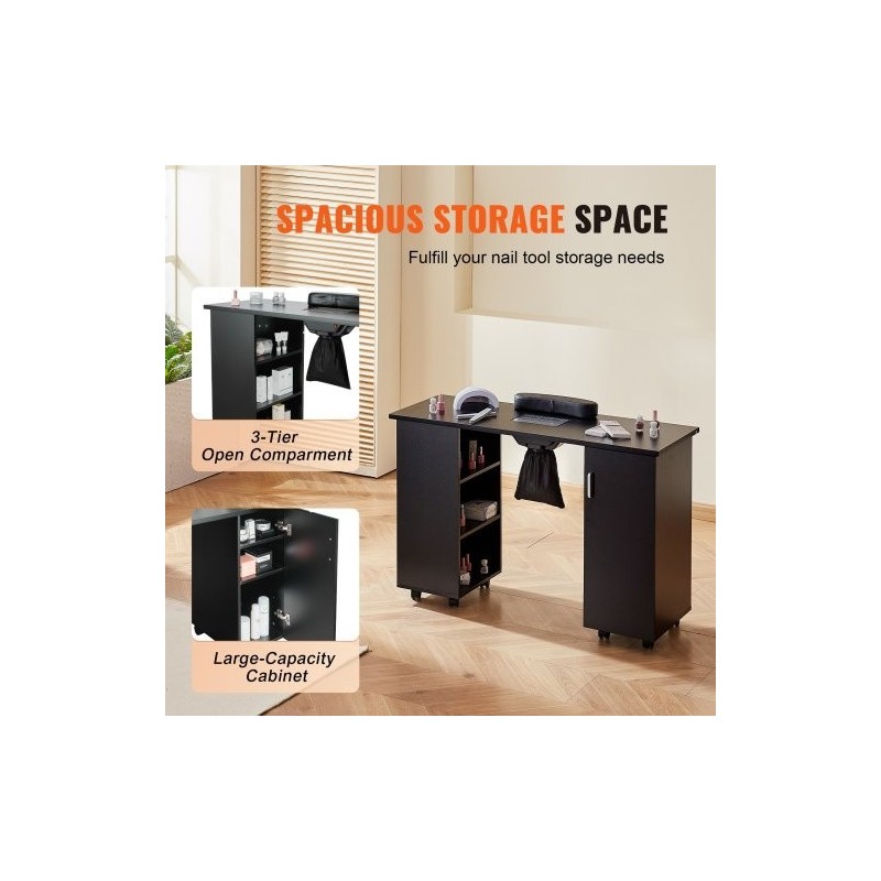 Manikyyripöytä MDF musta 1200x450x805 mm sähköisellä pölynkerääjällä 8 pyörää joista 4 lukittavaa