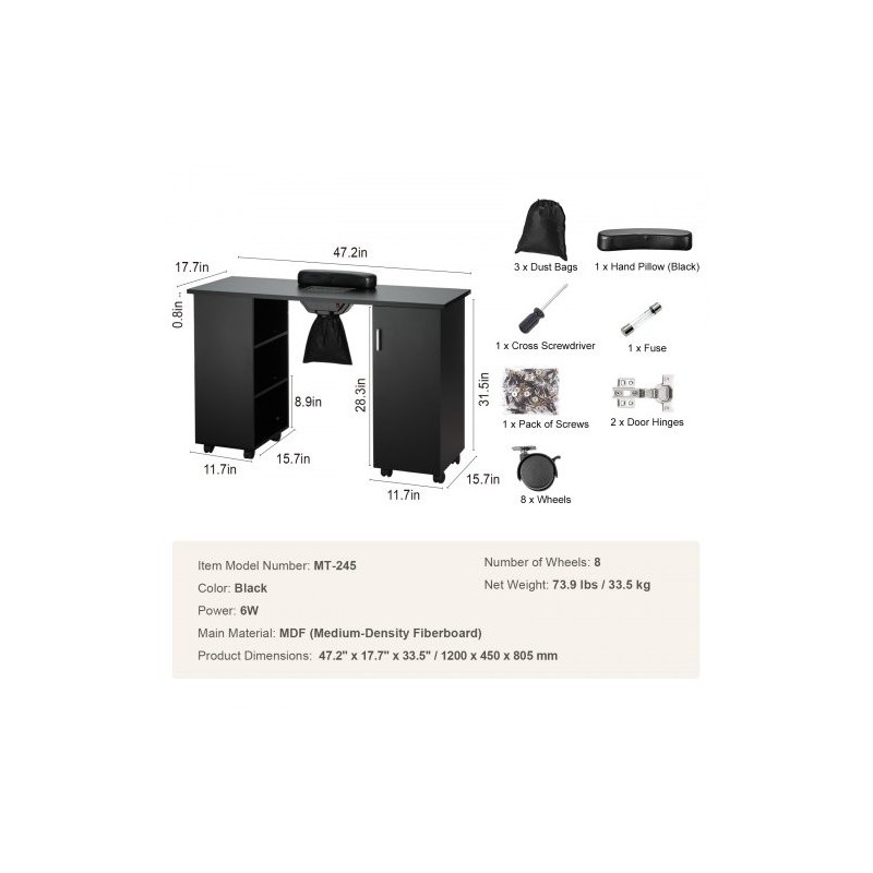 Manikyyripöytä MDF musta 1200x450x805 mm sähköisellä pölynkerääjällä 8 pyörää joista 4 lukittavaa