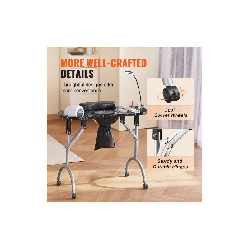 Kokoontaitettava MDF manikyyripöytä sähköisellä pölynkerääjällä ja taipuisalla LED valolla