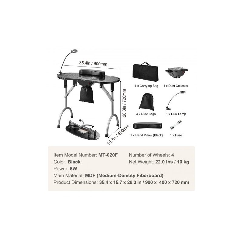 Kokoontaitettava MDF manikyyripöytä sähköisellä pölynkerääjällä ja taipuisalla LED valolla