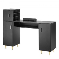 Manikyyri ja meikkipöytä asetonia kestävä lasitaso kolme kaappia kahdeksan metallijalkaa rannetuki musta