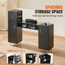 Manikyyri ja meikkipöytä asetonia kestävä lasitaso kolme kaappia kahdeksan metallijalkaa rannetuki musta