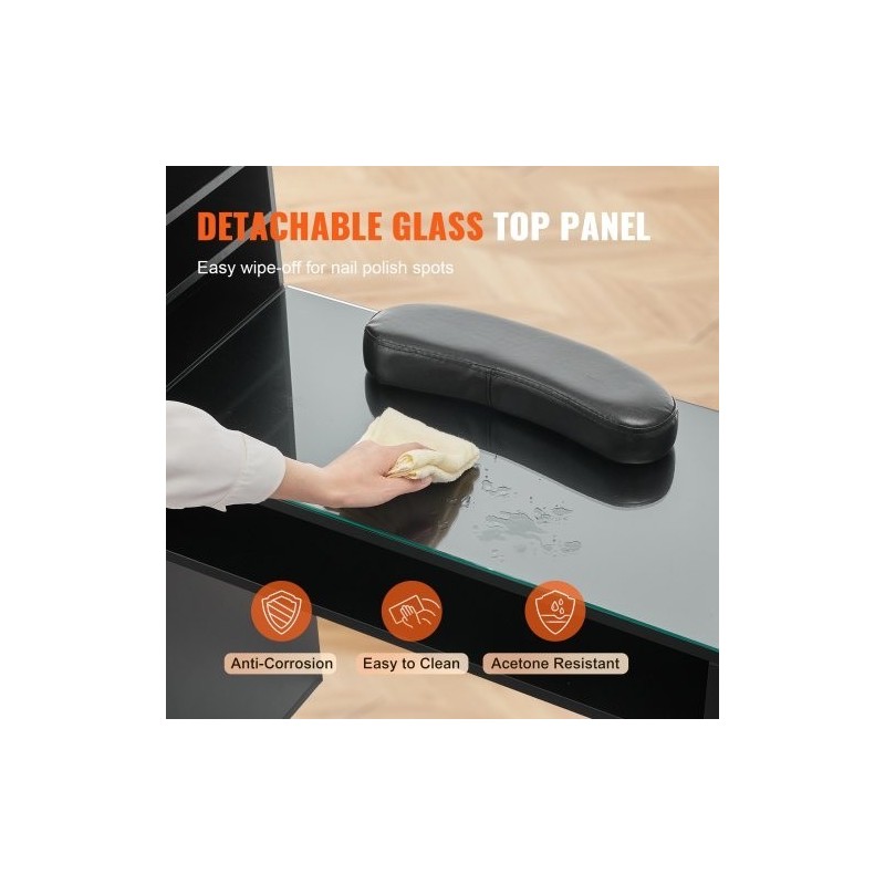 Manikyyri ja meikkipöytä asetonia kestävä lasitaso kolme kaappia kahdeksan metallijalkaa rannetuki musta