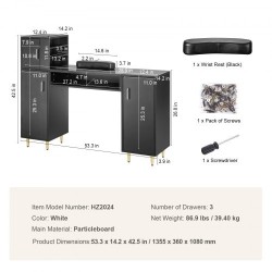 Manikyyri ja meikkipöytä asetonia kestävä lasitaso kolme kaappia kahdeksan metallijalkaa rannetuki musta