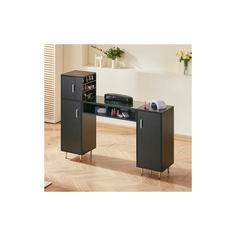 Manikyyri ja meikkipöytä asetonia kestävä lasitaso kolme kaappia kahdeksan metallijalkaa rannetuki musta