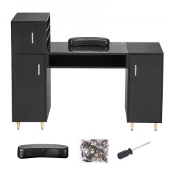 Manikyyri ja meikkipöytä asetonia kestävä lasitaso kolme kaappia kahdeksan metallijalkaa rannetuki musta