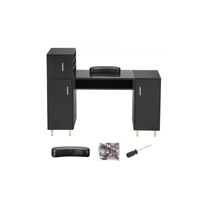 Manikyyri ja meikkipöytä asetonia kestävä lasitaso kolme kaappia kahdeksan metallijalkaa rannetuki musta