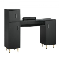 Manikyyri ja meikkipöytä asetonia kestävä lasitaso kolme kaappia kahdeksan metallijalkaa rannetuki musta