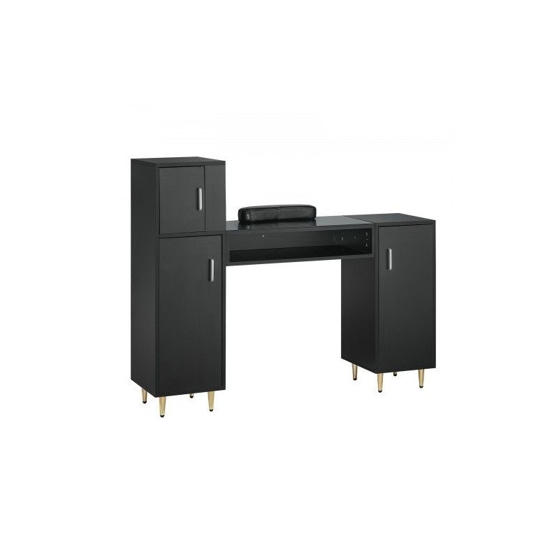 Manikyyri ja meikkipöytä asetonia kestävä lasitaso kolme kaappia kahdeksan metallijalkaa rannetuki musta