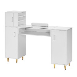 Manikyyri ja kynsipöytä karkaistulla lasikannella asetonia kestävä kolmella kaapilla rannepehmuste valkoinen