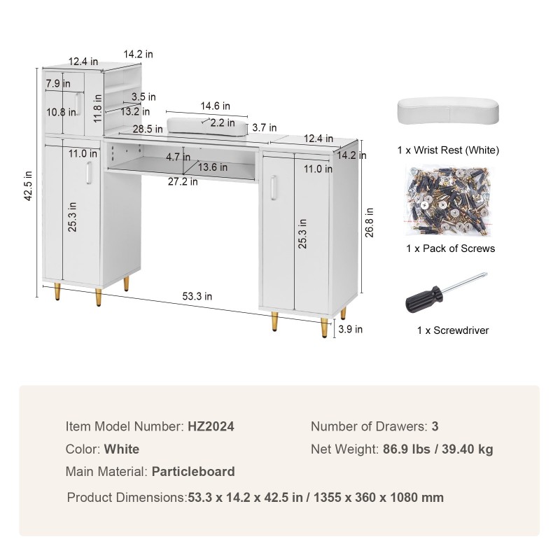 Manikyyri- ja kynsipöytä karkaistulla lasikannella asetonia kestävä kolmella kaapilla rannepehmuste valkoinen