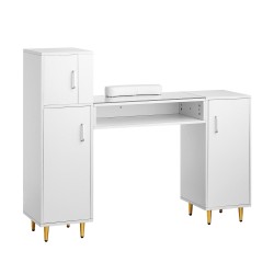 Manikyyri- ja kynsipöytä karkaistulla lasikannella asetonia kestävä kolmella kaapilla rannepehmuste valkoinen