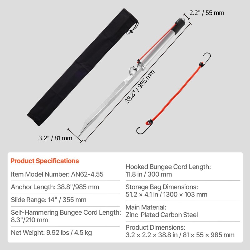 Hiekkapiikkiankkuri galvanoitu hiiliteräs 985 mm kumikahvalla kahdella kiinnitysrenkaalla