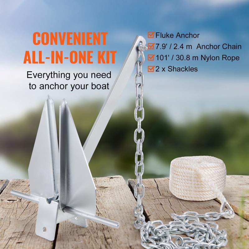 Fluke-ankkurisarja kuumasinkitty hiiliteräs 6kg 2,4m ketju 30,8m köysi pienille veneille