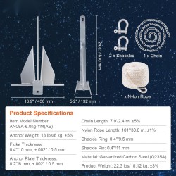 Fluke-ankkurisarja kuumasinkitty hiiliteräs 6kg 2,4m ketju 30,8m köysi pienille veneille