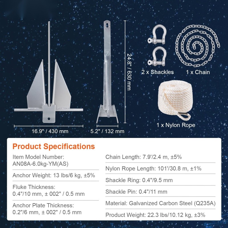 Fluke-ankkurisarja kuumasinkitty hiiliteräs 6kg 2,4m ketju 30,8m köysi pienille veneille