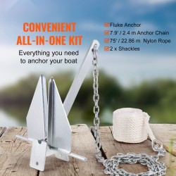 Fluke-ankkuri 4 kg kuumaupotusgalvanoitu hiiliteräs 2,4 m ketju 22,9 m köysi