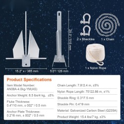 Fluke-ankkuri 4 kg kuumaupotusgalvanoitu hiiliteräs 2,4 m ketju 22,9 m köysi
