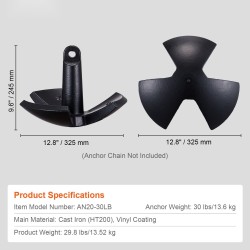 Valurautainen ankkuri 13,6 kilogrammaa vinyylipinnoitteella sienimäinen kolmihaarainen joelle ja järville