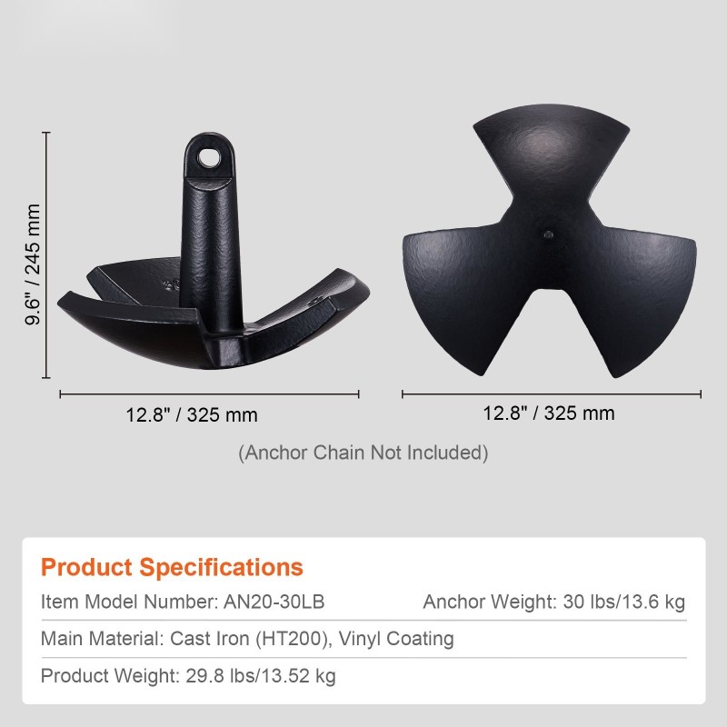 Valurautainen ankkuri 13,6 kilogrammaa vinyylipinnoitteella sienimäinen kolmihaarainen joelle ja järville