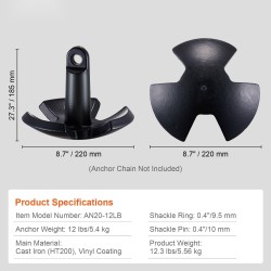 Jokiankkuri vinylipinnoitettu valurautarunko 5,4 kilogrammaa sopii enintään kymmenen jalan pituisille veneille