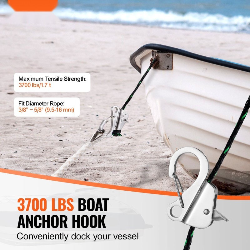 Ankkurikoukku ruostumatonta terästä 1,7 tonnin vetolujuus solmuton lukitus 9,5–16 mm köydelle